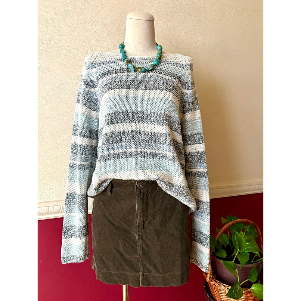 Sigrid Olsen SO Blue Striped 100% Cotton Knit Boatneck Sweater PL Coastal Clean